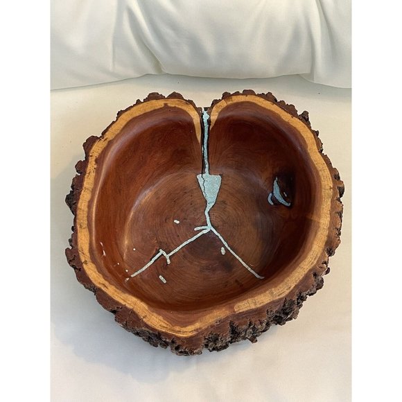 Handmade Texas Mesquite Tree Stump Bark Inlaid Wooden Bowl Handcrafted Artwork - Picture 1 of 16